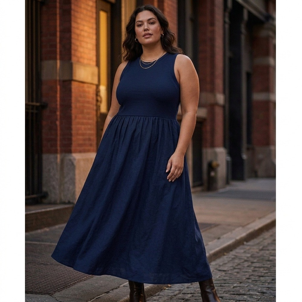 Chicos Tank Mixed Maxi Dress‎ Classic Navy Blue Cotton Knit Woven Size 20